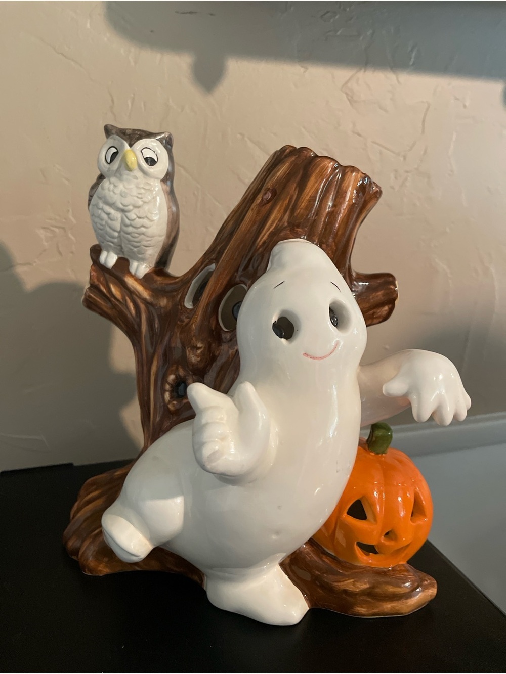 Vintage Hallmark White Ghost with Orange Pumpkin and Brown Tree Accent